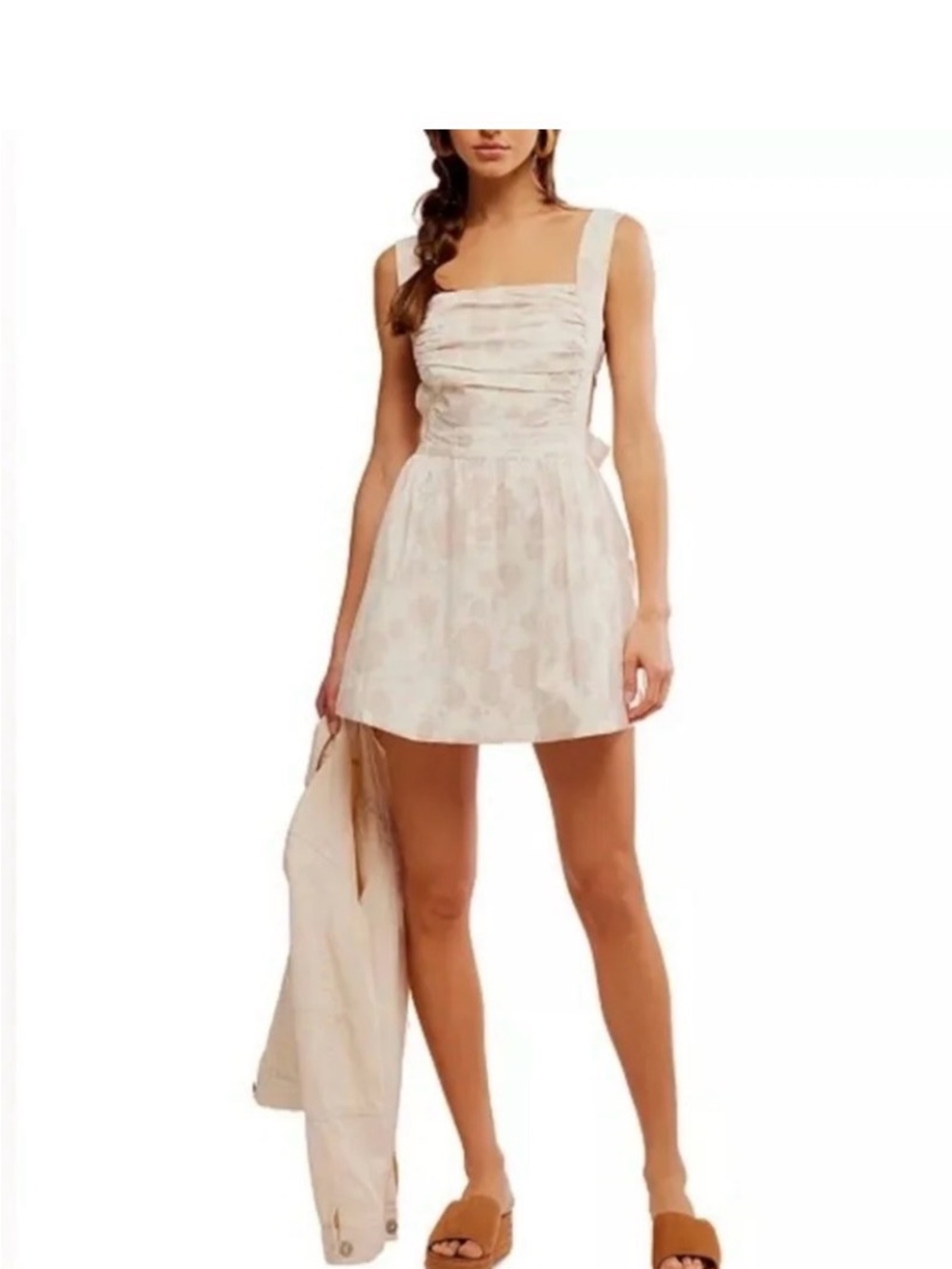 Free People Cream Floral Square-Neck Mini Dress
